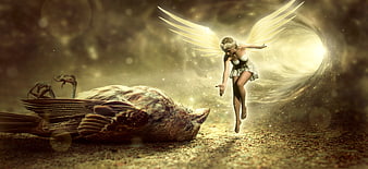 Fantasy Angel Reaching Toward Dead Bird in Mystical Light