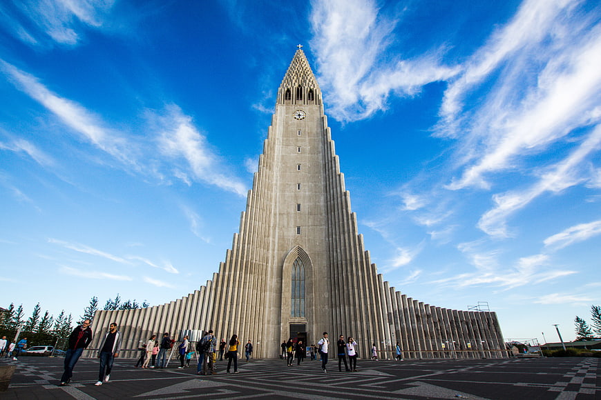 Hallgrímskirkja Church in Reykjavik, Iceland with Blue Sky
