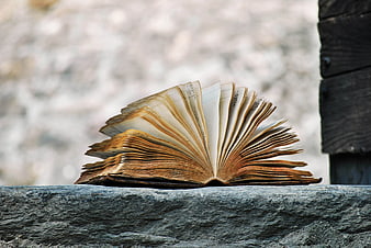Old Open Book on Stone Wall with Blurred Background