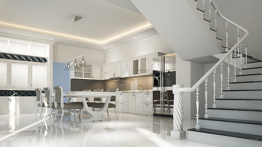 Luxurious White Neoclassical Kitchen and Dining Room Interior