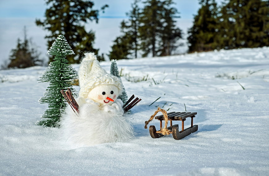 Cute Knitted Snowman with Miniature Sled in Snowy Forest