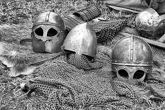 Medieval helmets and chainmail armor on fur