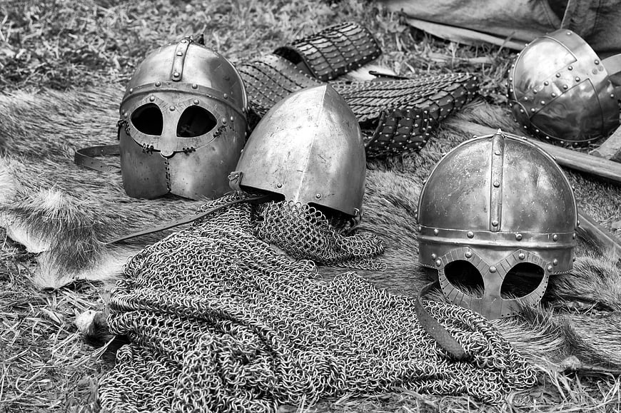 Medieval helmets and chainmail armor on fur