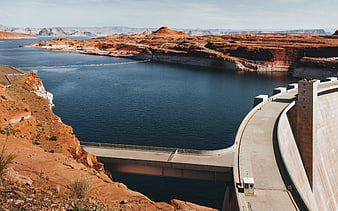 Aerial view of Hoover Dam and Lake Mead in Arizona desert