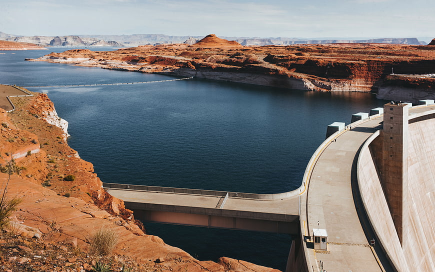 Aerial view of Hoover Dam and Lake Mead in Arizona desert