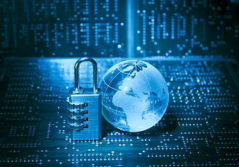 Cybersecurity Concept with Combination Lock and Glass Globe on Circuit Board