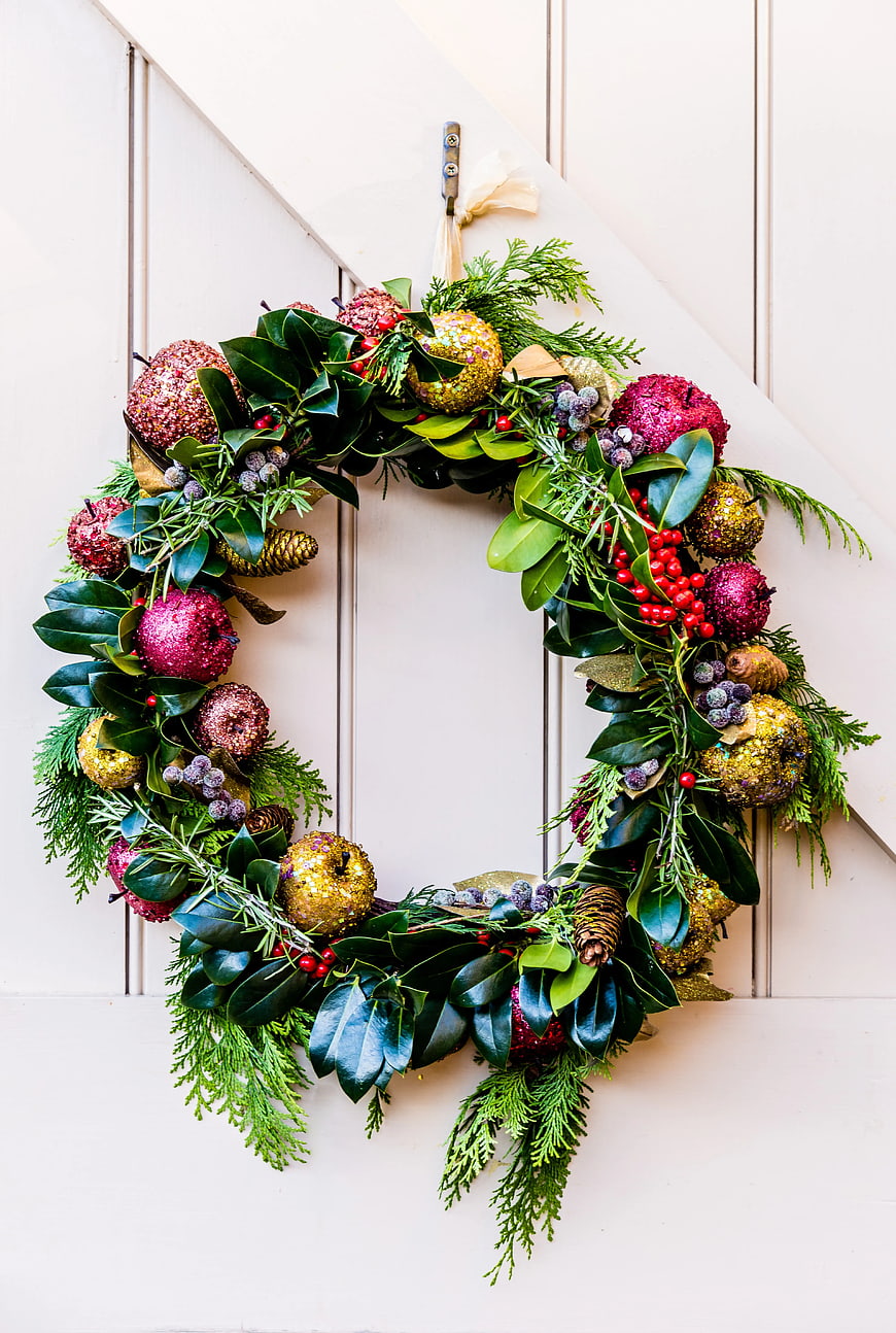 Festive Christmas Wreath with Glitter Ornaments and Greenery