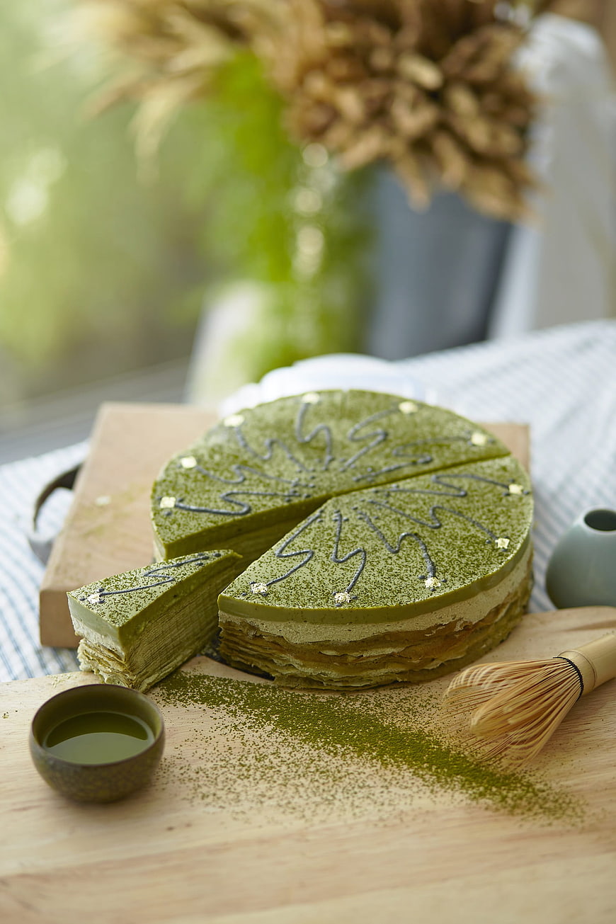 Matcha Green Tea Mille Crepe Cake with Whisk
