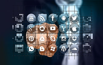 Social Media Icons Over Digital Grid With Man In Background