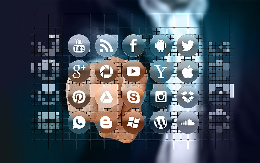Social Media Icons Over Digital Grid With Man In Background
