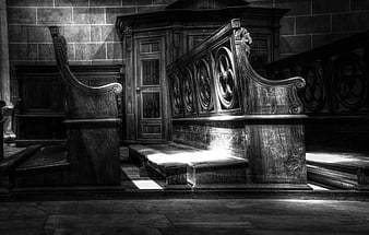 Dramatic Black and White Church Pew Interior