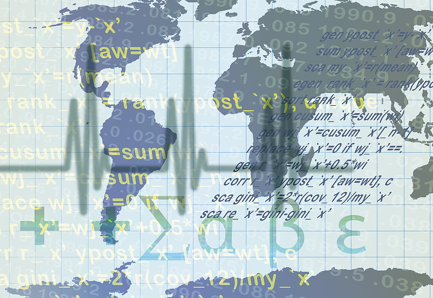 Global Economy Concept with World Map, Statistics, and Financial Data