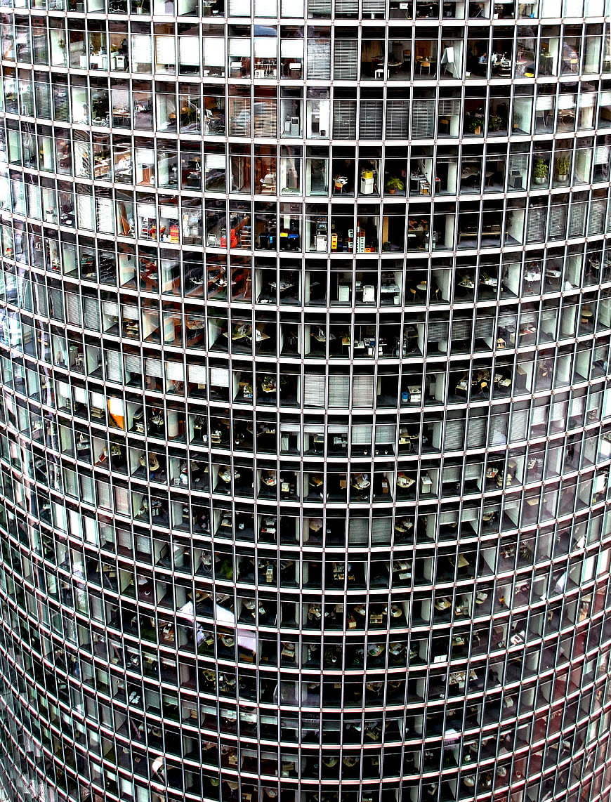 Close-up of curved glass office building facade
