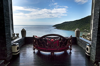 Luxury Hotel Balcony With Ocean View And Decorative Furniture