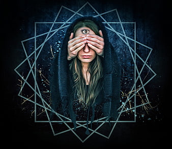 Surreal portrait of woman with third eye and geometric symbols