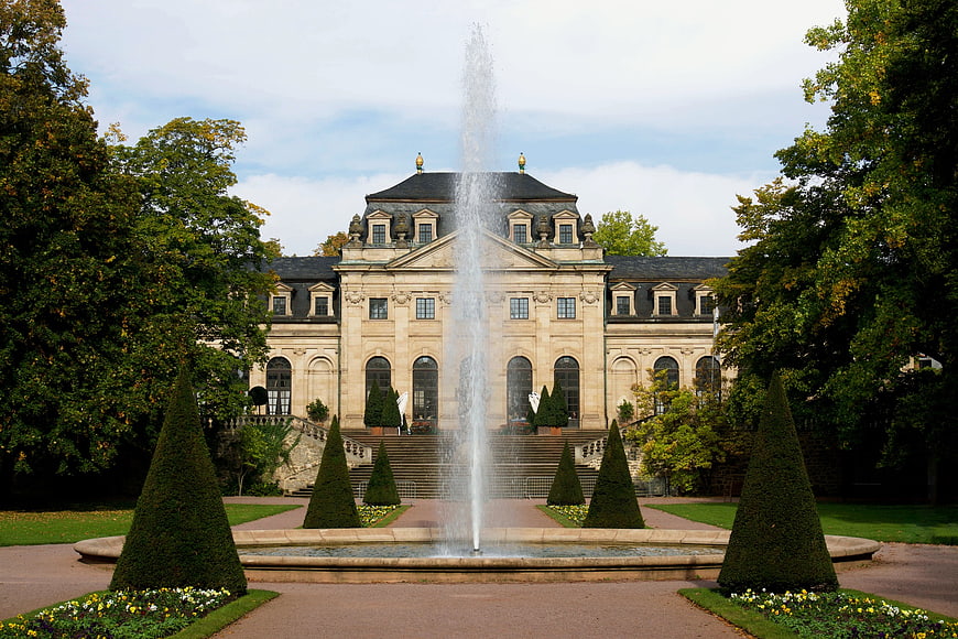 Grand Baroque Palace with Central Fountain and Formal Gardens