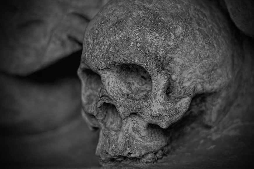 Close-up of weathered stone skull sculpture in black and white