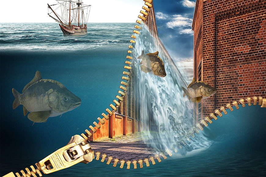 Surreal digital art of a brick wall unzipping to reveal ocean and fish