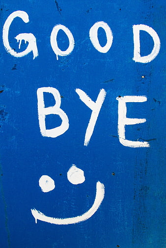 Hand-painted Good Bye Sign with Smile on Blue Wall