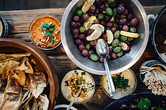 Top View of Mediterranean Mezze Platter with Hummus and Olives