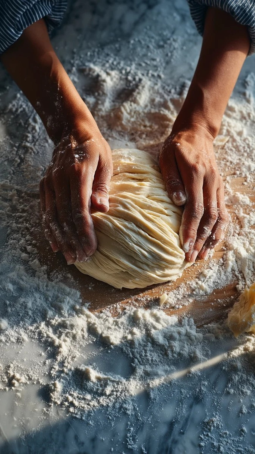 Close-up of Hands Kneading Fresh Dough on Floured Surface