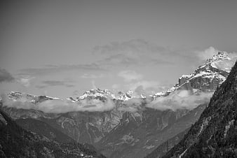 Black and White Swiss Alps Mountain Landscape with Clouds