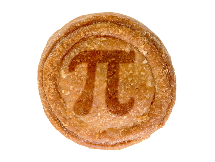 Top view of round pie with pi symbol stamped on crust