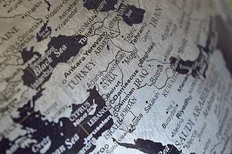 Close-up of Middle East map showing Syria, Iraq, and Turkey