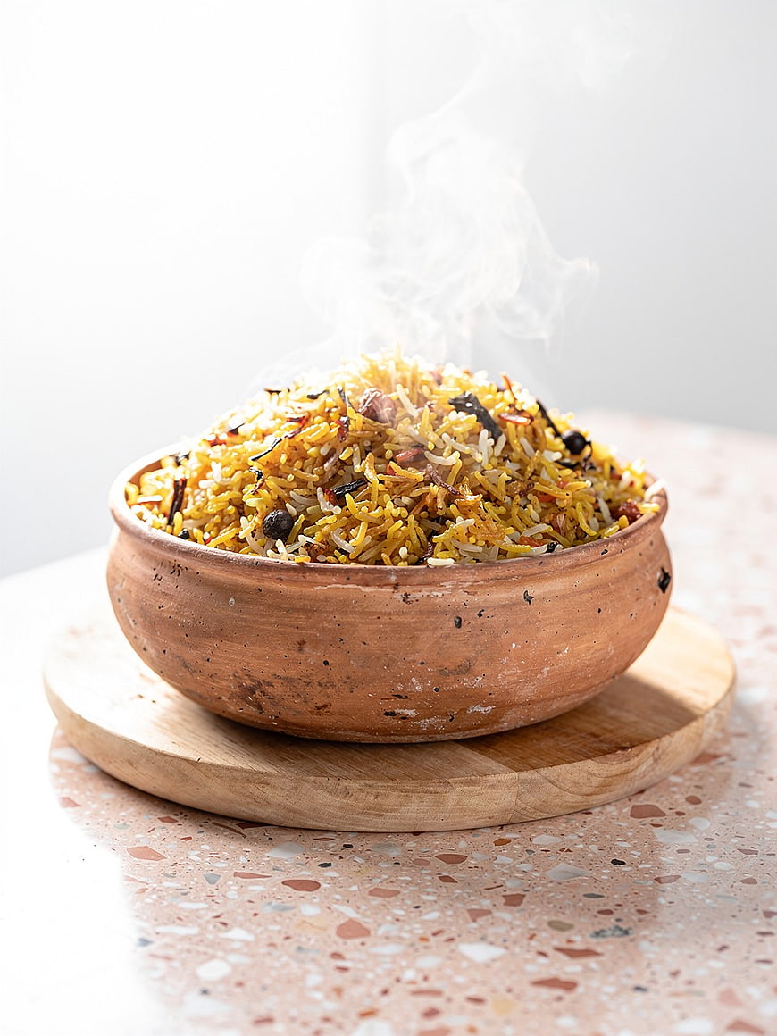 Steaming Biryani Rice in Traditional Clay Pot