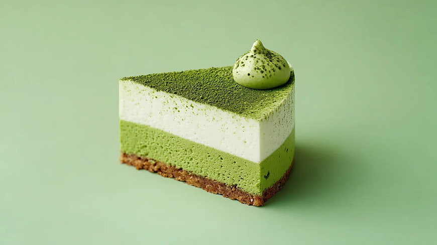 Matcha Layered Mousse Cake Slice on Green Background