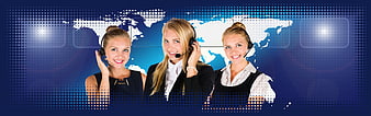 Three female call center agents with headsets against world map background