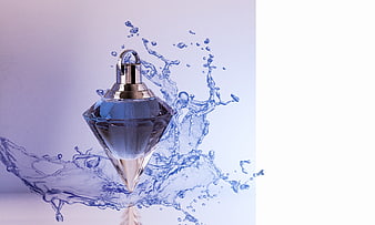 Blue diamond-shaped perfume bottle with water splash