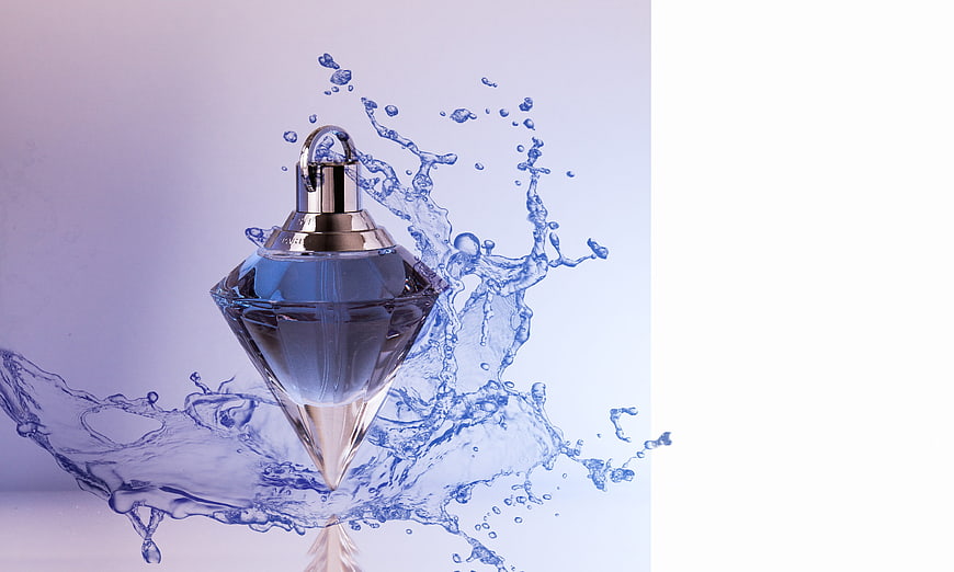 Blue diamond-shaped perfume bottle with water splash