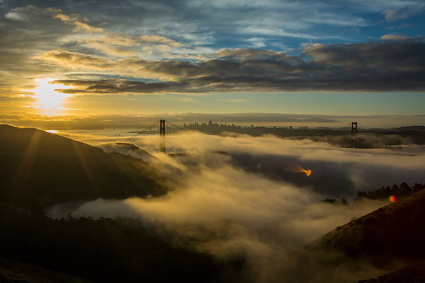 Golden Gate Bridge Sunrise Over Foggy San Francisco Bay