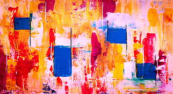 Abstract colorful painting with vibrant blue, red, and yellow brushstrokes