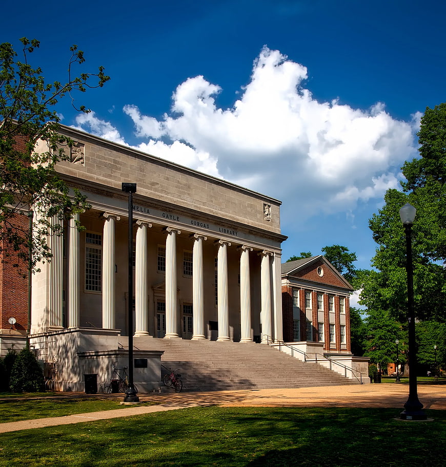 Classical Library Building with Columns and Blue Sky