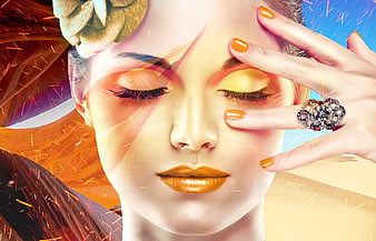 Double exposure woman face with desert landscape and sparks