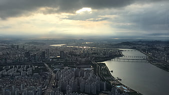 Aerial View of Seoul Skyline and Han River at Dusk