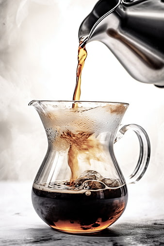 Pouring hot coffee over ice in a glass server