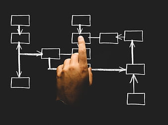 Hand pointing at flowchart on blackboard