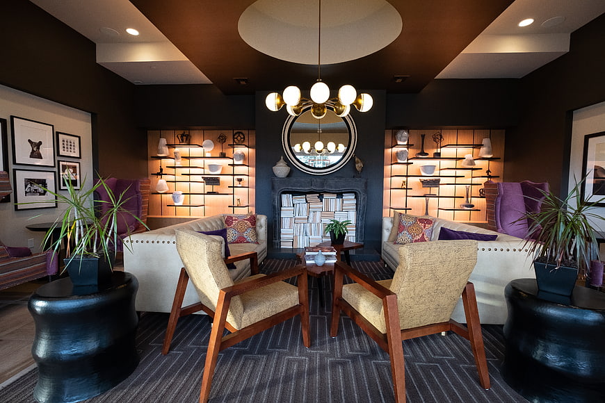 Modern Interior Design with Symmetrical Seating and Fireplace