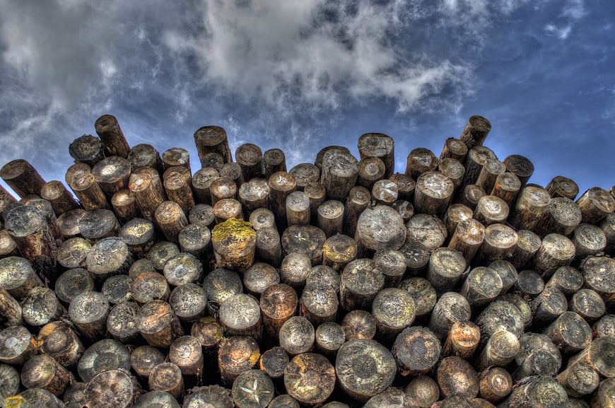 Stack of weathered wooden logs against a dramatic cloudy sky