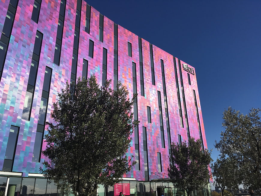 Modern pink and blue iridescent building facade with trees