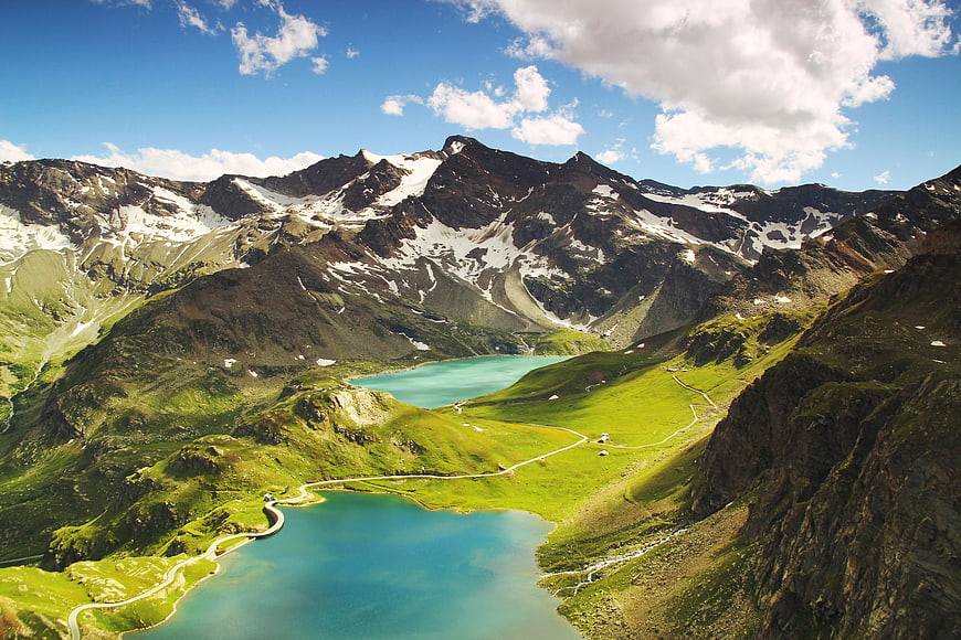 Aerial View of Alpine Lakes and Snowy Mountain Peaks