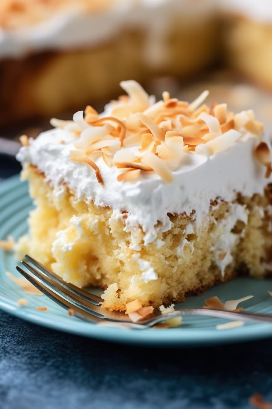 Close-up of Coconut Cream Cake Slice with Toasted Flakes