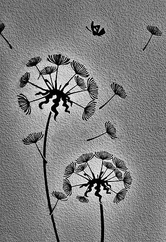 Black and White Dandelion Silhouette Art on Textured Wall