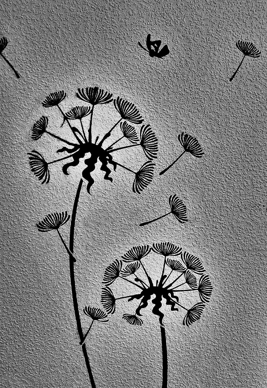 Black and White Dandelion Silhouette Art on Textured Wall