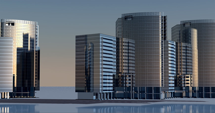 Modern Glass Skyscrapers 3D Architectural Rendering