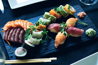 Assorted Sushi Platter on Dark Slate Board
