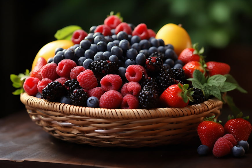 Wicker basket overflowing with fresh mixed berries and lemons